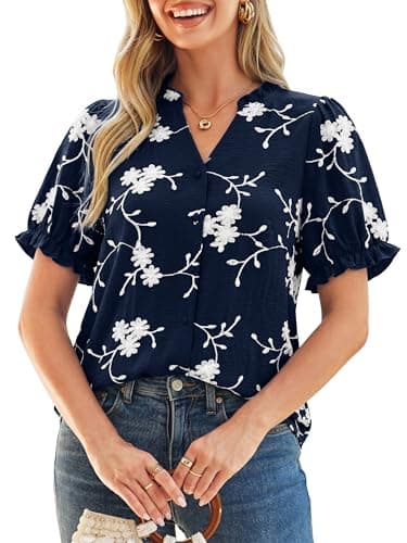 Simplee Womens Button Down Puff Ruffle Short Sleeve Blouse Tops (Various) $7.49 + Free Shipping w/ Prime or on $35+