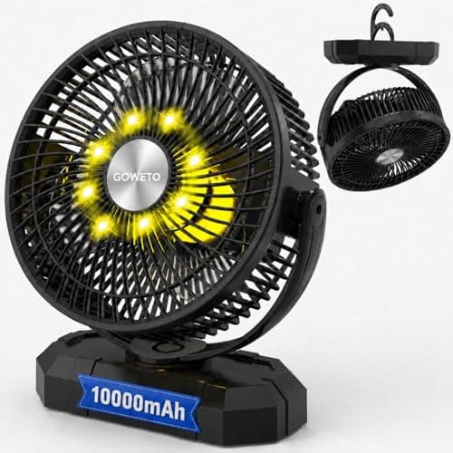Goweto 10000mAh Battery Operated Fan Portable - 8 Inch Camping Fan - with LED Lantern - Camping & RV - 5 Speeds High-Velocity Airflow - Travel Beach Car Fishing Outdoor Tent Fan