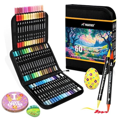 Pagather 60 Colors Acrylic Paint Markers, Dual Tip with Fine Tip and Brush Tip Pens for Fabric, Stone, Wood, Canvas, Ceramic, Metal, Glass, Rock Painting, DIY Crafts Art Supplies Kit