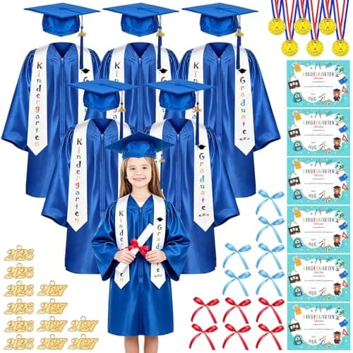Kindergarten Graduation Cap and Gown - Unisex Shiny Cap and Gown Set with Tassel, Stole and 2026 & 2027 Charm, for Kindergarten Graduation Boys and Kids Preschool(Blue-6Set, 30)