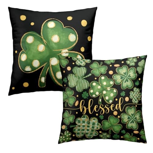 Kwlegh St Patricks Day Pillow Covers Lucky Blessed Pillow Cases Stripes Polka Dots Shamrock Throw Pillow Covers18x18 Set of 2 Green Black March Holiday Cushion Case for Sofa Couch Home Decor