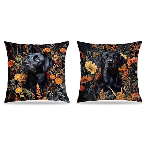 FITIE William Morris Inspired-Floral Black Labrador Pillow Covers 18x18 Set of 2, Black Lab Gifts for Women,Cottagecore Botanical Elegant Lab Dog Decorative Pillow Covers for Home Living Room Bedroom