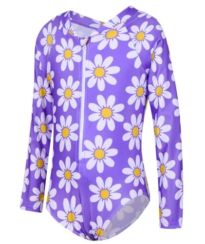 uideazone Little Girls White Daisy Printed 5-6T Purple Swimsuit Size 6 Cute One Piece Swimwear Beach Long Sleeve Bathing Suit