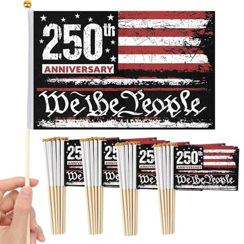 Chumia 25 Pack 250 Anniversary American Flags on Stick 5x8 Inch Small 4th of July USA Patriotic Flags 1776-2026 American Anniversary Hand Held Flag for Fourth of July Independence Memorial Day Decor