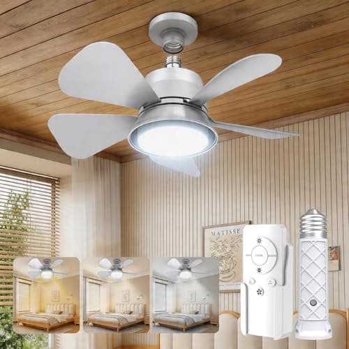 MOTCTQVD Socket Fan Light with Remote, 3 Colors Small Ceiling Fan with Light, 5 Dimmable Levels and 1000LM LED, Easy E26/E27 Installation for Bedroom, Garage, Kitchen, Living Room