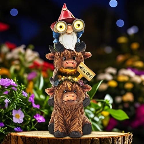 CFFOWNUG Garden Gnomes Outdoor Statue: 11'' Highland Cow Decor with Welcome Sign Funny Triple Yard Decorations with Solar Light Unique Birthday Gifts for Women Mother Grandma