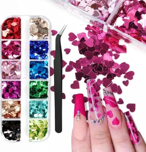 1 Box 12 Color Holographic Hearts Nail Glitter Love Nail Sequins 3D Rose Pink Nail Flakes Sparkly Glitter Flakes Shiny Nail Glitter Valentine Nail Sequins Glitter with Tweezers for Nails Art 12 Grids