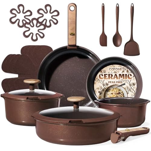 19-Piece CAROTE Ceramic Nonstick Cookware Set w/ Detachable Handle (Dark Choco) $39.99 + Free Shipping