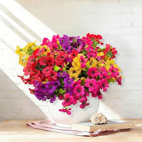 URTRY 12 Bundles Artificial Flowers for Outdoors, UV Resistant No Fade Fake Flowers for Outdoor Planters, Spring Faux Flowers for Garden, Porch, Window Box, Indoor Outdoor Decor (4 Mixed Colors)