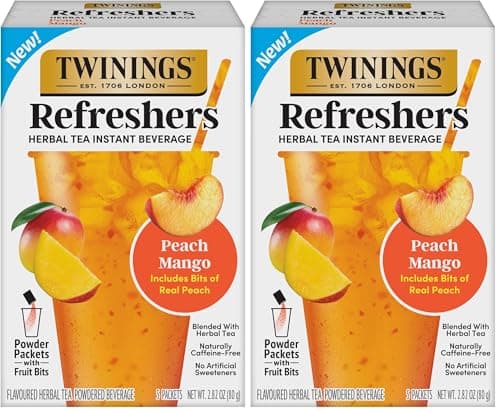 NEW Twinings Peach Mango Refreshers, Herbal Tea Instant Beverage with Real Peach Fruit Bits, 5 Count (Pack of 2), Café Style, No Artificial Sweeteners, Naturally Caffeine-Free Refreshment, 5 Packets