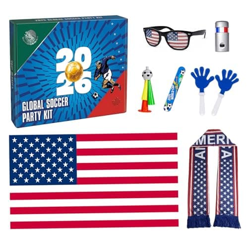 Soccer Fan Gear Set for 2026 World Tournament, Soccer Party Favors Kit with Flag,Scarf, Face Paint, Clapper, Horn&Glasses,Supporter Accessories for Game Day, Sports Event, Gift (Blue-USA)