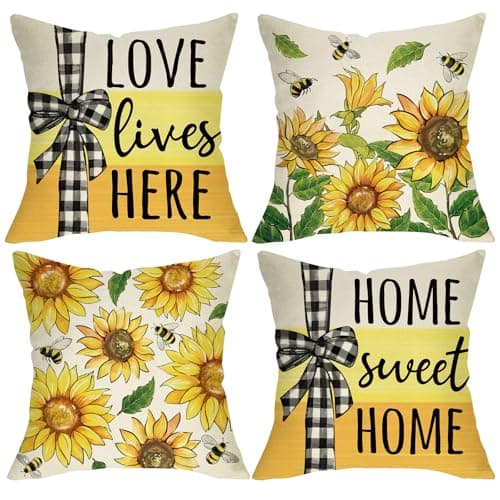 Fjfz Spring Summer Sunflower Decorative Throw Pillow Covers 18 x 18 Set of 4, Floral Flower Bee Home Sweet Home Porch Outdoor Decor, Love Lives Here Farmhouse Plaid Bow Family Sofa Couch Cushion Case