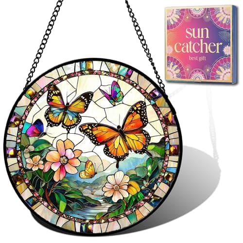 Butterfly Gifts for Mom - Flower Landscape Faux Stained Glass Window Hanging Sun Catcher for Door Garden Acrylic Decor Mother's Day for Women Nana Grandma Sisters Wife Mother 6.3"