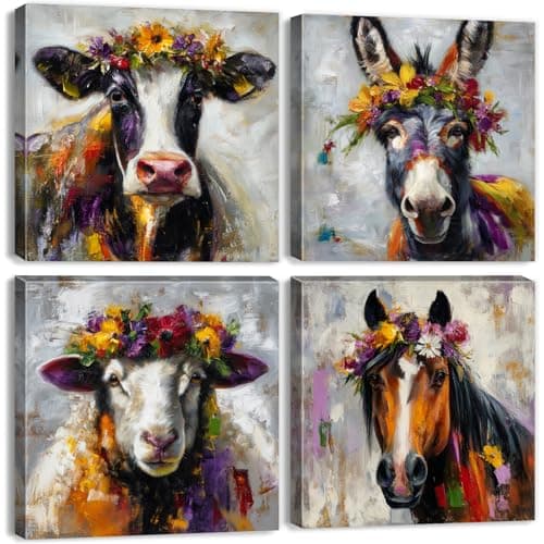 Abstract Animals Wall Art Colorful Cow Picture for Kitchen Rustic Farmhouse Horse Donkey Sheep Canvas Wall Decor Country Farm Animal Posters Modern Artwork Living Room Home Decoration 12x12” 4Pcs