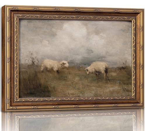 Vintage Gold Framed Farmhouse Animal Wall Art Retro Country Sheep Oil Painting Wall Decor Farm lamb Canvas Prints Retro Rustic Poster Artwork for home decor kitchen Living Bedroom 9x11in