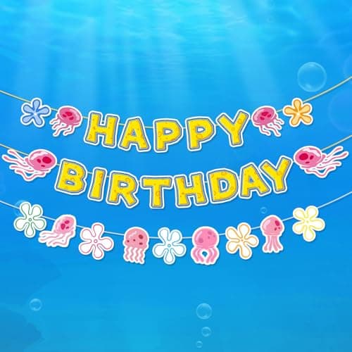 Happy Birthday Banner, Yellow Cartoon Party Banner Sign for Kids, Underwater Theme Birthday Decorations & Photo Booth Backdrop, Hanging Birthday Decor
