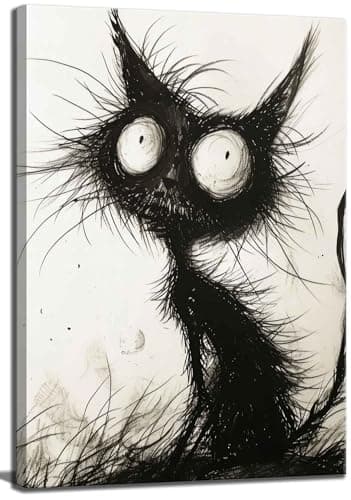 Funny Black Cat Canvas Wall Art Gothic Spooky Feline painting Decor Pictures Halloween Creepy Black And White Art Cat Posters Prints for Cafe Bar Living Room Restaurant Bedroom Decoration