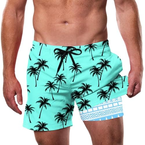 Cozople Mens 5 inch Swim Trunks with Compression Liner 2 in 1 Quick Dry Mens Bathing Suit with Pockets, Palm Tree 2X-Large