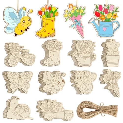 80PCS Wooden Spring Ornaments to Paint, 10 Styles DIY Blank Unfinished Wood Flower Cutouts Butterfly Ornament for Crafts Hanging Decorations, Cute Bee Flower Shape Home Decorations Gifts