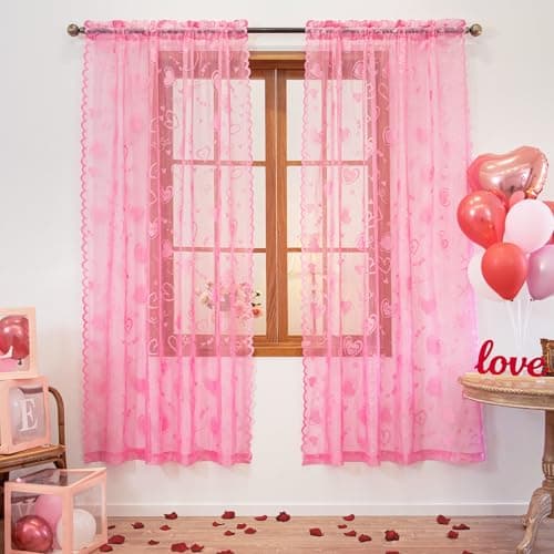 Awnmeow Valentine's Day Lace Curtains, Love Heart Embroidery Weave Sheer Curtains, Holiday Rod Pocket Drapes for Living Room, Pink 2 Panels 52 x 84 Inch