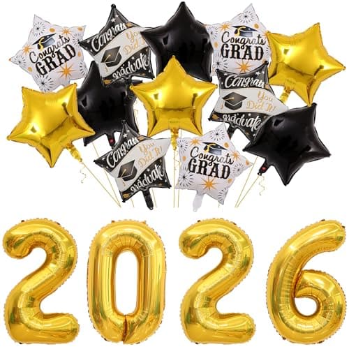 16 Pcs Graduation Decorations 2026 Balloons Kit, 32 Inch 2026 Number Foil Balloon, Black Gold White Congrats Grad Party Decor Supplies for Prom Class School College Graduate Congratulations