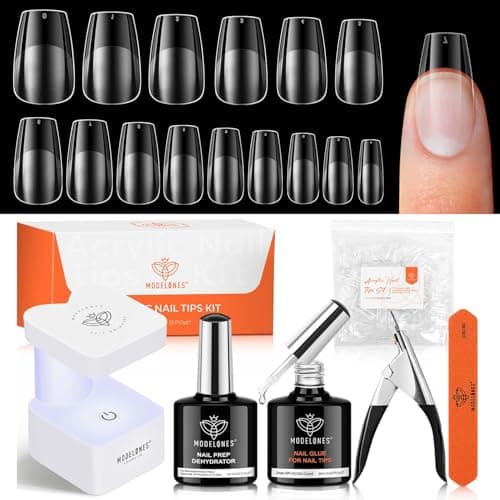 modelones X Nail Gel Kit Short Coffin,510Pcs Fake Nails 15Sizes, 9-in-One Glue Prep Dehydrator & Mini U V Light Clipper, Pre-shaped Half Matte Press on Short Coffin Tips for DIY Salon