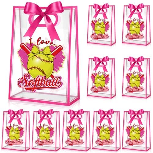 Aliceset 12 Pcs Softball Clear Goodie Bag with Die Cut Handles and Ribbons Sport Theme Party Favor Bags for Softball Team Snack Wrapping Teamer Gifts Birthday Party Treats Supplies, 7x10x3.15 Inch