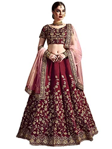 STELLACOUTURE indian ready to wear silk flared bridal lehenga choli for women with stitched blouse and dupatta (8079-U) (40, Maroon)