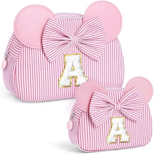 QLOVEA Birthday Gifts for Girls Kids Initial Makeup Bag Birthday Gift for 4 5 6 7 8 9 10 11 12 13 Years Old Girl Kids Pink Initial Cosmetic Travel Toiletry Bag for Girls Daughter Pink A