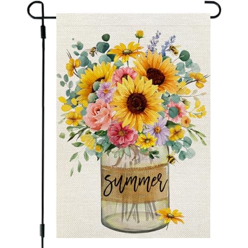 CROWNED BEAUTY Summer Garden Flag Sunflowers Mason Jar 12x18 Inch Double Sided Small Floral Seasonal Holiday Decoration for Outside Yard