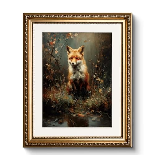 WHASAYART Vintage Fox Wildlife Framed Canvas Wall Art 13x16 Inch, Elegant Animal Painting Autumn Forest Tones with Gold Frame, Classic Nature Living Room Bedroom Kitchen Home Wall Decor