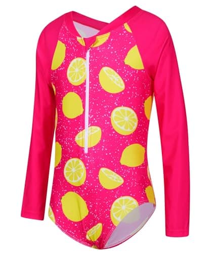 uideazone Little Girls Red Swimsuit with Lemon Printed 5-6T Cute One Piece Swimwear Beach Long Sleeve Bathing Suit for Size 6