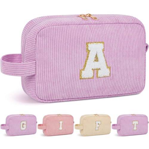 WELIDAY Initial Makeup Bag, Birthday Gift Preppy Chenille Patch Cosmetic Bag, Initial Travel Essentials Beach Toiletry Pouch, Ideal Gift for Teachers & Moms, Women and Girls (Purple, A)
