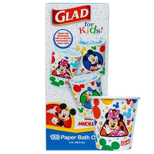 Glad for Kids Disney Mickey and Friends Disposable Mini Paper Cups, Mickey Mouse - Colorful Soak-Proof Bathroom Rinse Cups, Small Size Ideal for Little Hands, 3 oz, 100 Count