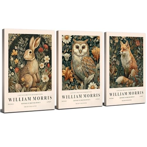 William Morris Wall Art Decor Vintage Animal Canvas Prints for Living Room Nature Floral Painting Poster Rabbit Owl Fox Pictures Green Botanical Canvas Artwork for Kitchen Home Decoration 12x16" 3Pcs